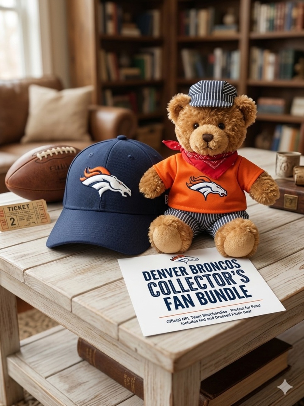 🏈 Denver Broncos Fan Bundle! New Era 39THIRTY M/L Hat + Dressed Plush Bear